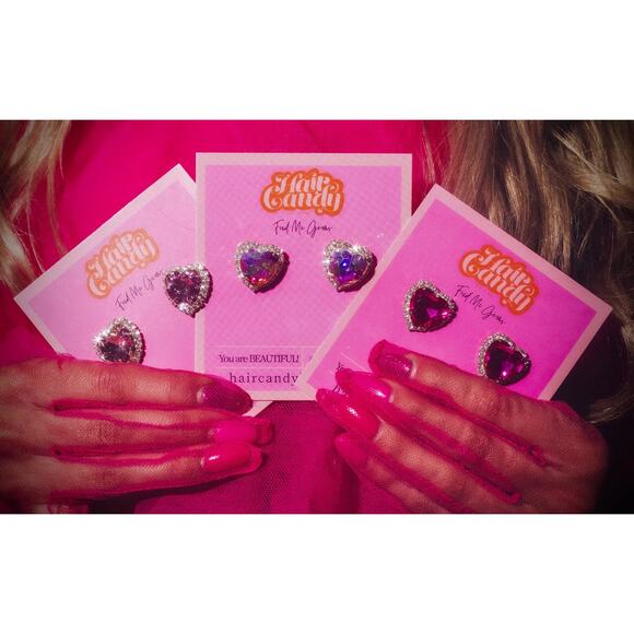 Feed Me Gems Signature Heart Stud Earrings Clear AB, Pink, OR Volcano NWT - Picture 3 of 13